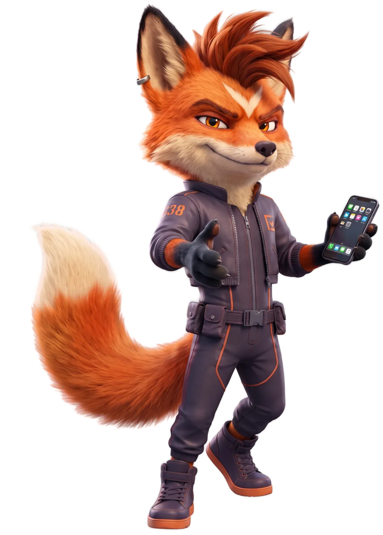 Ember the fox stepping forward with his paw out for a handshake and a phone in the other