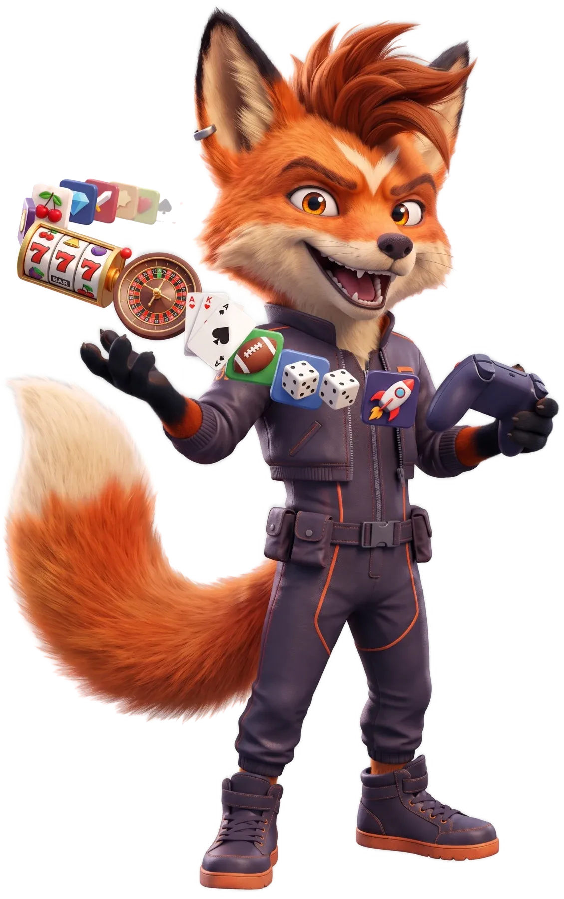 Ember the fox grinning, with a game controller and a fan of slot, roulette and sports tiles
