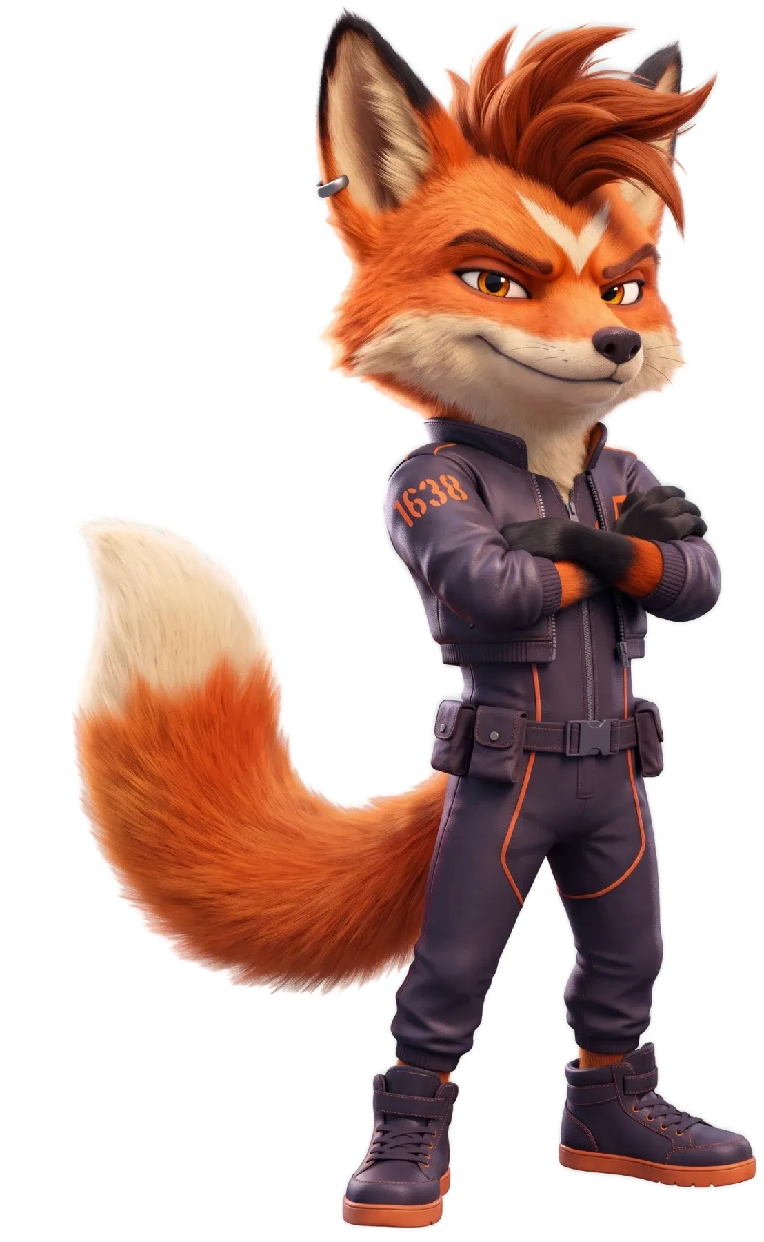 Ember, the 1638 fox mascot, standing with his arms crossed
