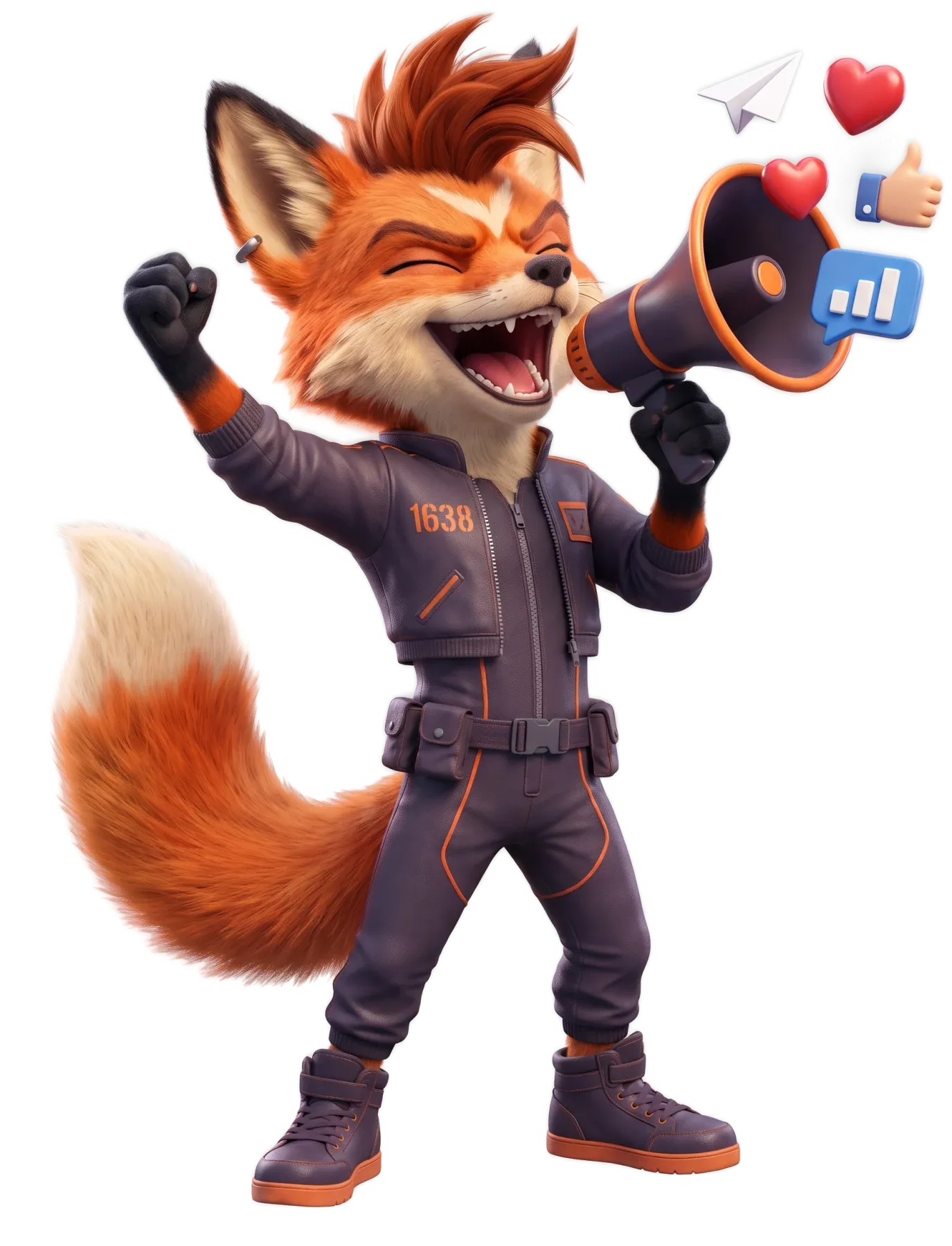 Ember the fox shouting through a megaphone with marketing icons flying out