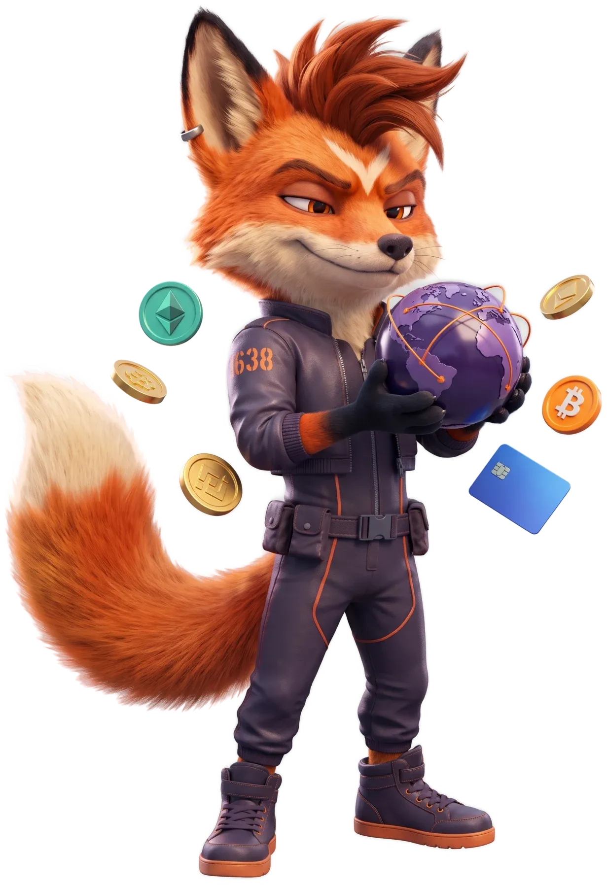 Ember the fox holding a globe with route lines, coins and a card orbiting him