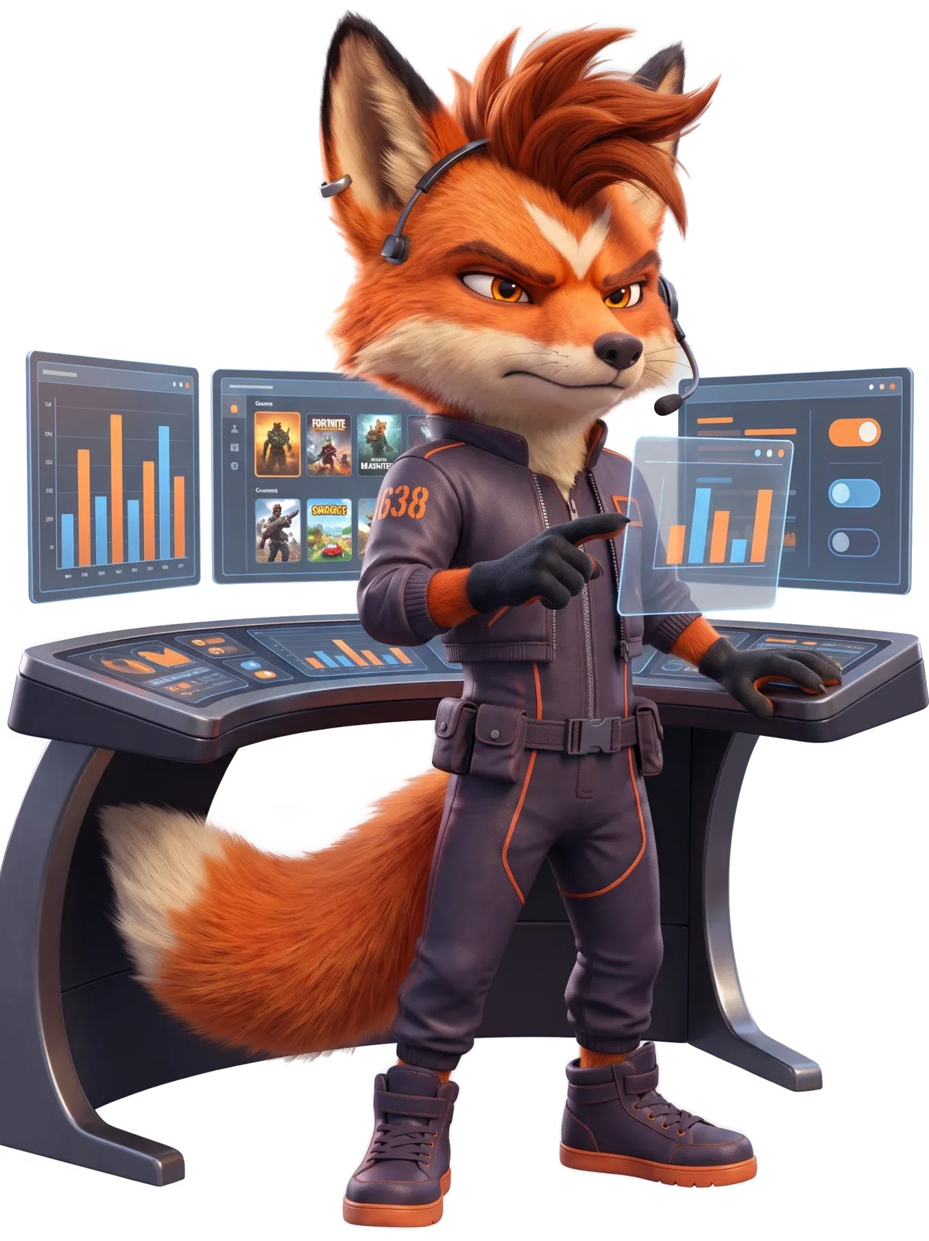 Ember the fox in a headset at a control console, pointing at a screen