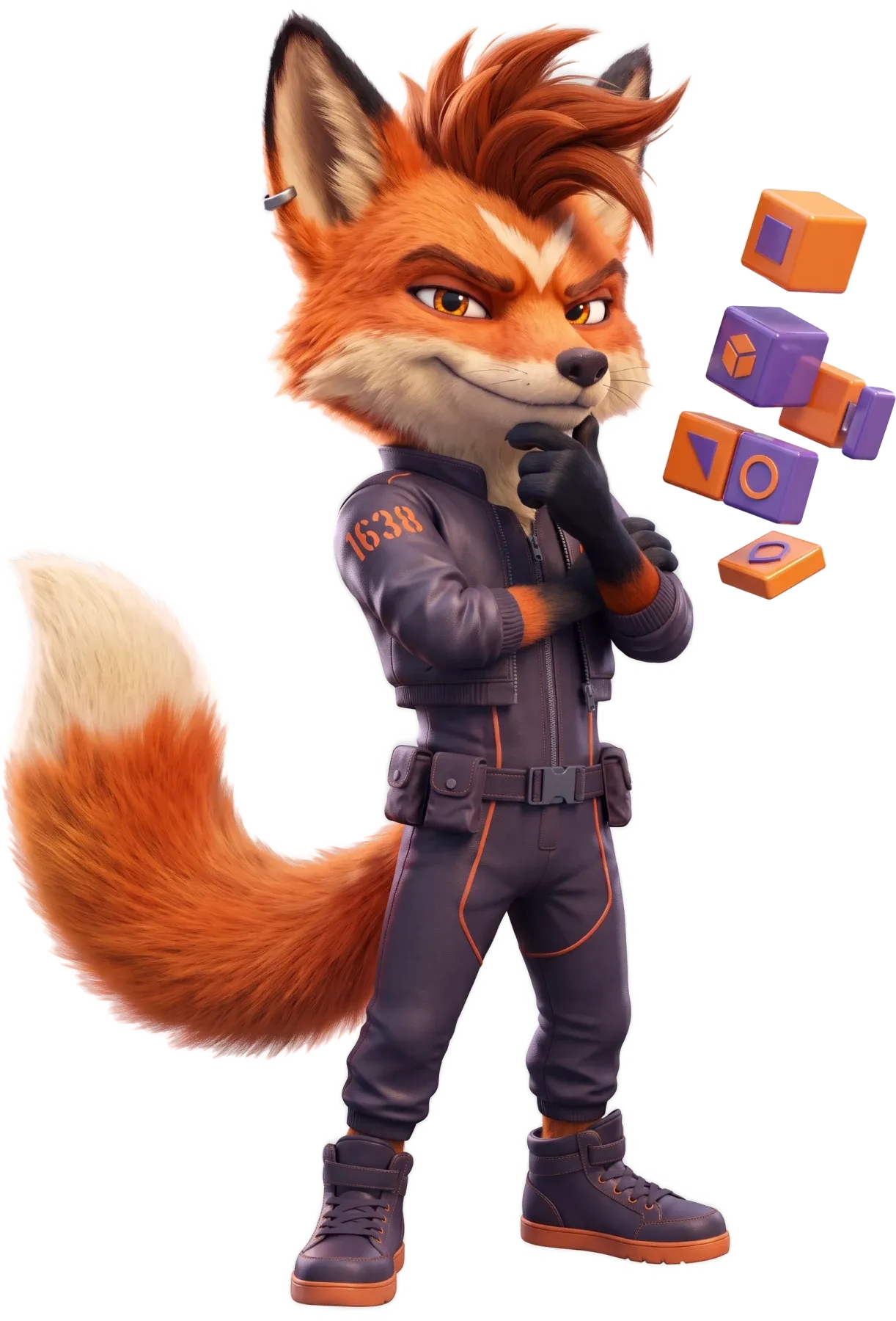 Ember the fox, thinking, with building blocks snapping together beside him
