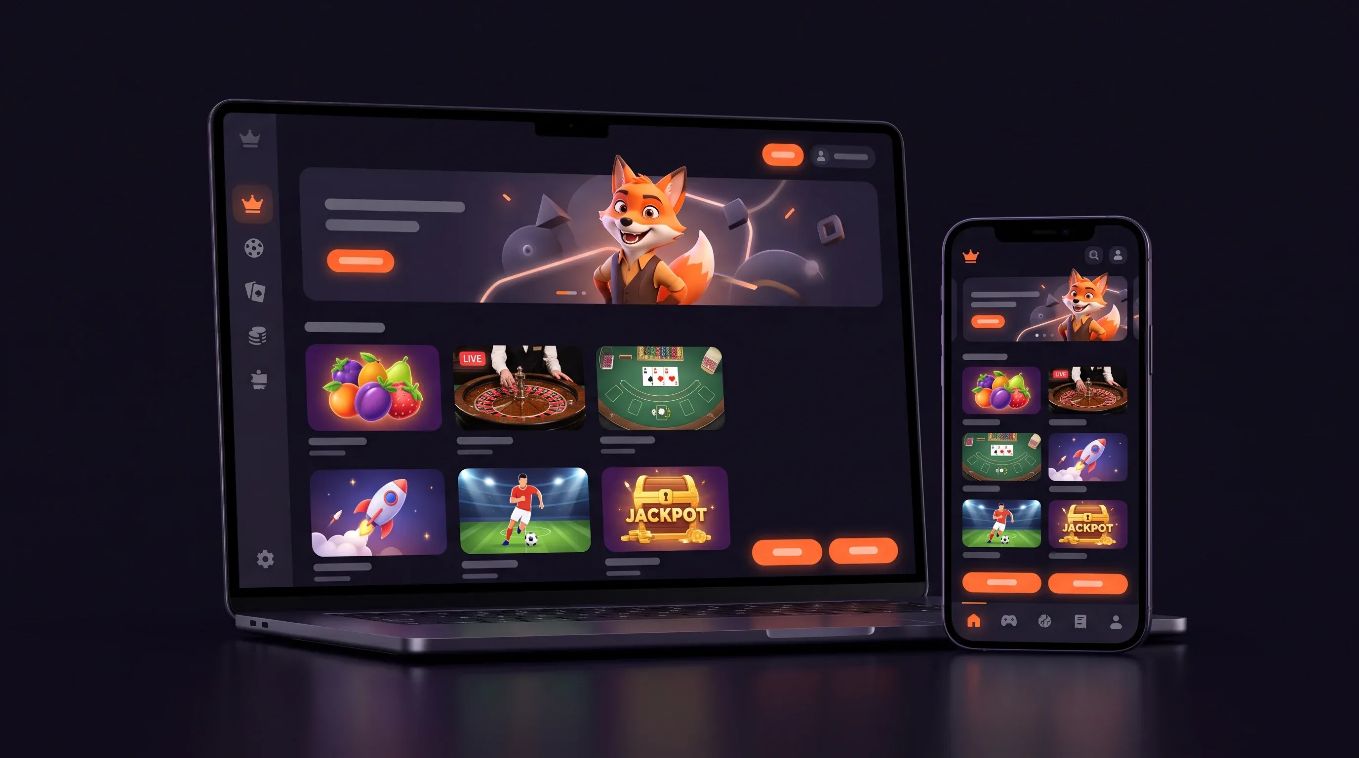 The player site of the 1638 platform on a laptop and a phone: casino lobby, live games, crash and sportsbook