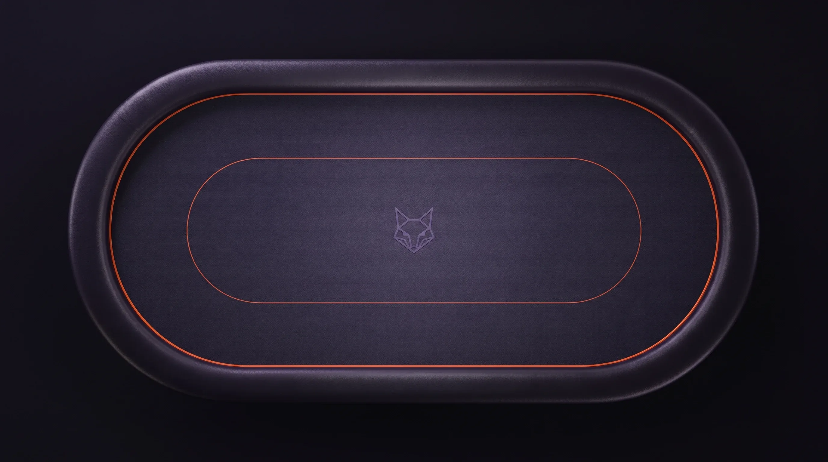 An empty poker table with graphite-violet felt and an orange rail