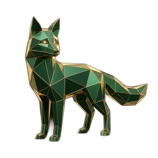 1638.cloud fox mascot — emerald and gold low-poly brand sculpture.
