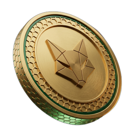 A single chunky gold crypto coin with emerald rim accents, hexagonal blockchain pattern around the edge and the 1638 fox emblem embossed in the center.