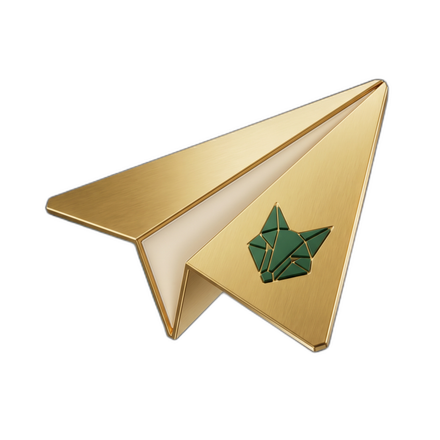 A golden 3D paper airplane in the Telegram messenger style, with the 1638 fox emblem embossed on its wing — symbolising the casino delivered inside a Telegram Mini App.