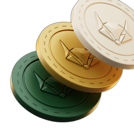 Three stacked casino chips — emerald, gold and cream — each embossed with the 1638 fox emblem, symbolising one engine deployed under many brands.