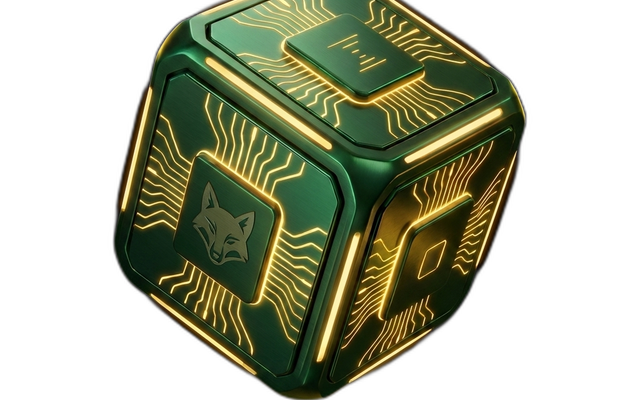 Casino Engine 3D render — emerald cube with glowing gold circuit lines and the 1638 fox emblem on the front face.