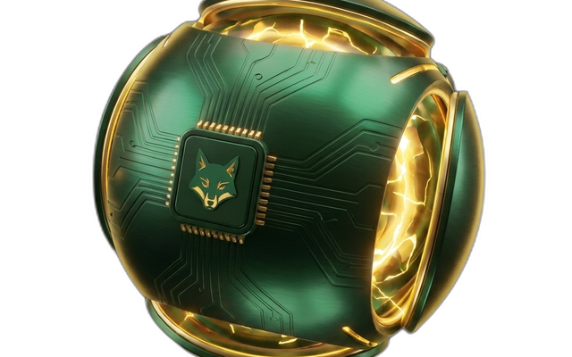 Engagement Engine 3D render — emerald orb with embedded chip bearing the 1638 fox emblem and glowing gold energy core.