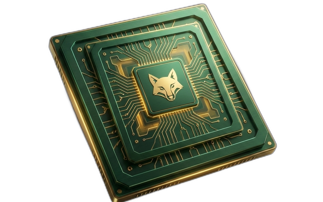 Intelligence Engine 3D render — emerald-and-gold AI chip with concentric circuit traces and the 1638 fox emblem at the core.