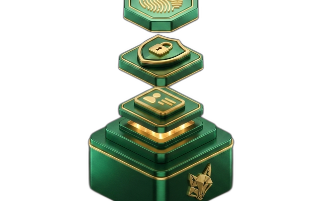 PAM Engine 3D render — stacked emerald-and-gold identity tower with fingerprint, padlock-shield and profile tiers on a base bearing the 1638 fox emblem.