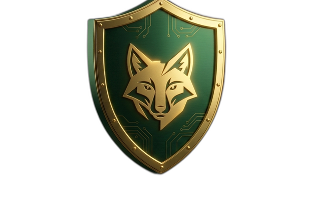 Risk Engine 3D render — emerald-and-gold shield with circuit lines and the 1638 fox emblem on the front.