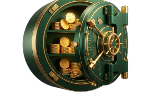 Wallet Engine 3D render — emerald-and-gold bank vault with stacked fox-marked coins inside.