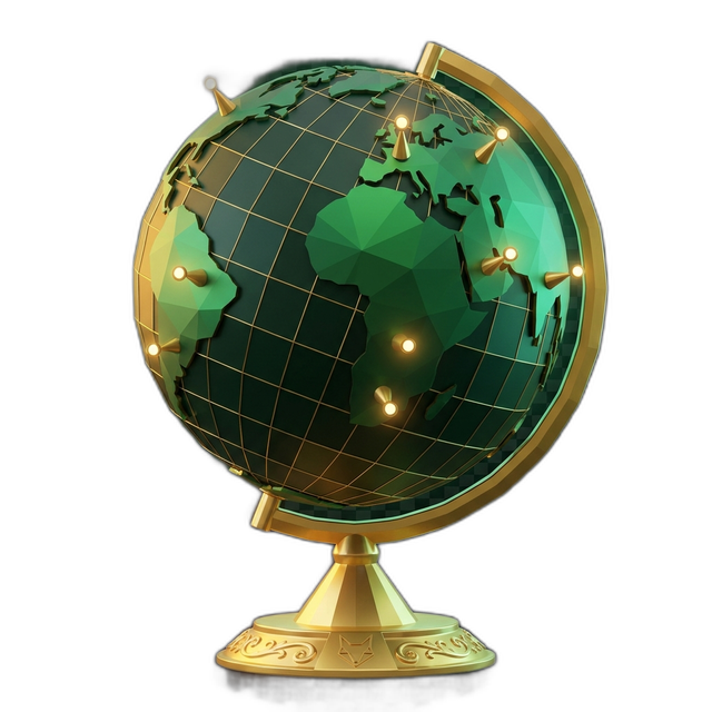 1638.cloud emerald-and-gold globe artefact with glowing region pins — symbolising turnkey deployment in any jurisdiction the operator chooses.