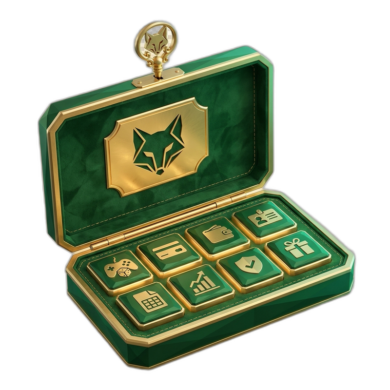 Open premium emerald-and-gold modular platform case with eight engraved engine module tiles inside and an ornate gold master key in the lock — symbolising the complete 1638.cloud turnkey hand-over.