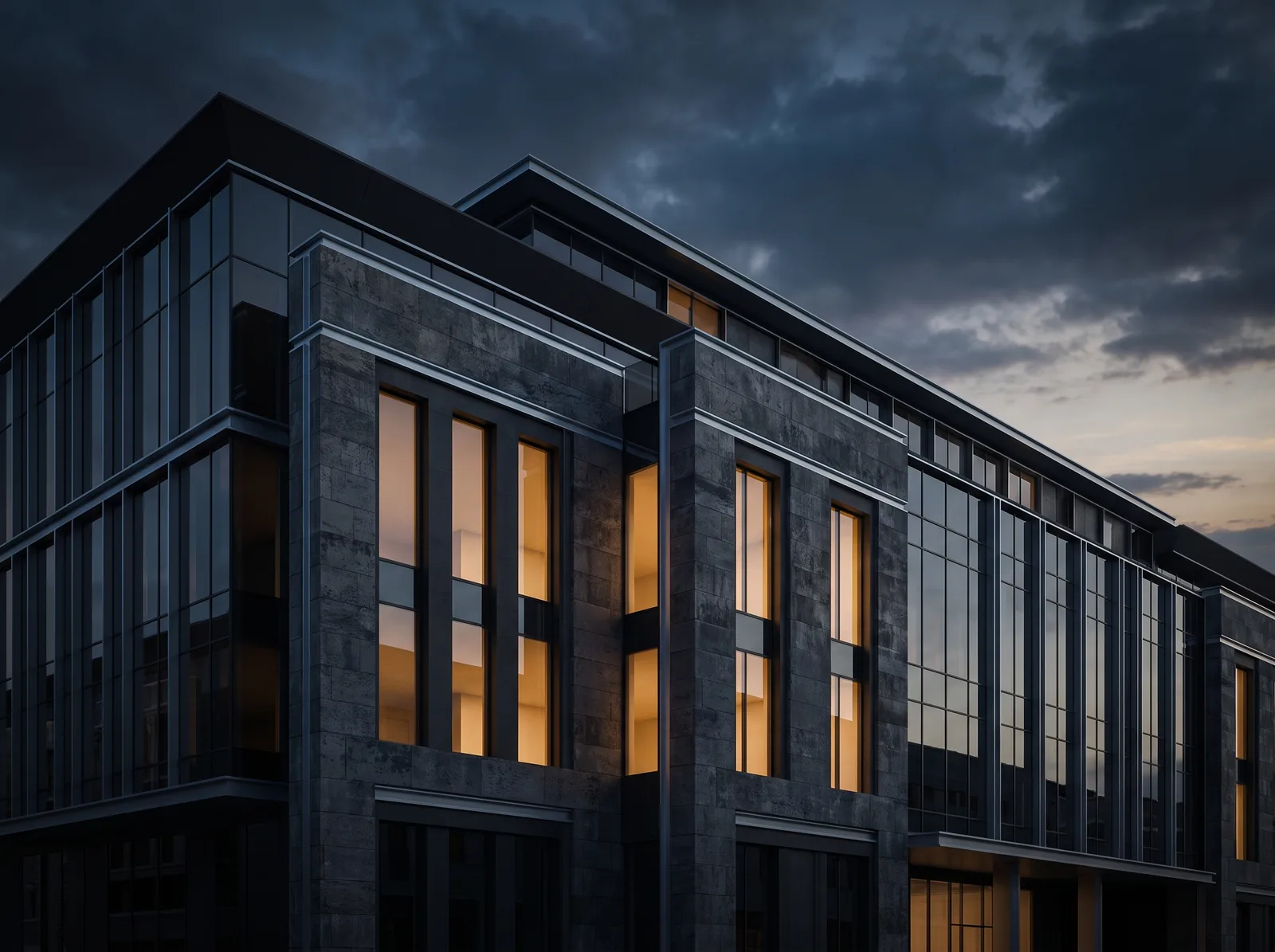 Modern dark stone and glass office building at dusk with warm lit windows