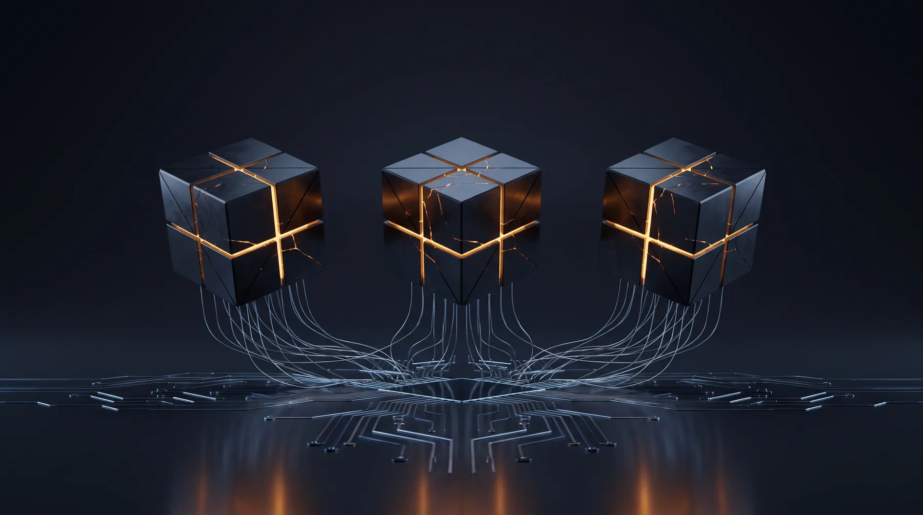 Three engine modules with glowing amber cores linked to a circuit grid
