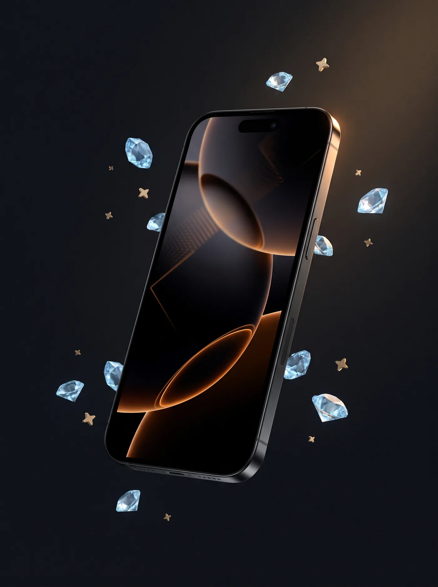 Smartphone showing a dark casino interface surrounded by TON crystals and stars